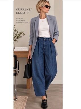 Current/Elliott Pleated Barrel Wide Leg Jeans 12 Indigo High Rise Ankle NWT